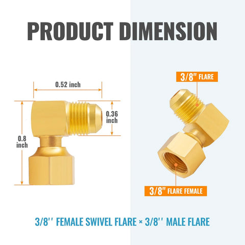 SUNGATOR 90-degree brass flare elbow: 3/8" female swivel x 3/8" male flare ends for propane heaters