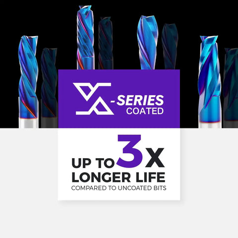 Various V-Series coated CNC router bits with text 'Up to 3x longer life compared to uncoated bits' on display.