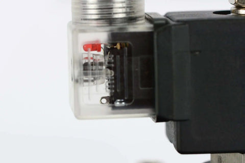 Close-up of 1 Inch BSPP Electric Solenoid Valve, Normally Closed 110V AC, showing plastic body and servo-assisted mechanism
