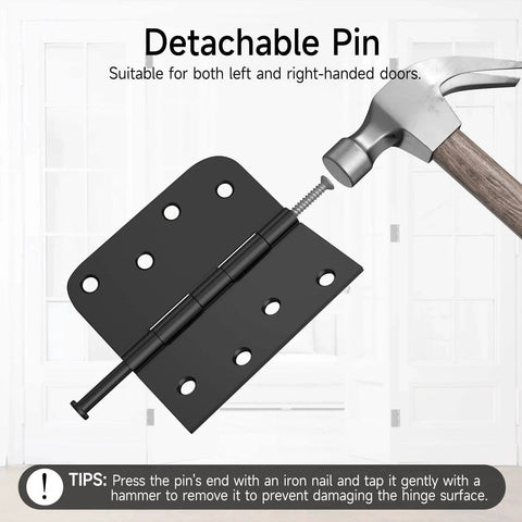 3 Pack Black Exterior Door Hinges 4 Inch With Five Eighth Inch Radius Removable Pin in use with hammer