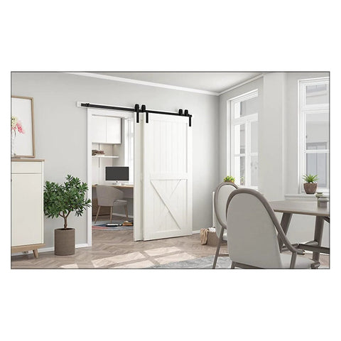 Heavy Duty Sliding Barn Door Hardware Kit For Bypass Double Doors J Shaped Hangers And Roller Track System installed in home