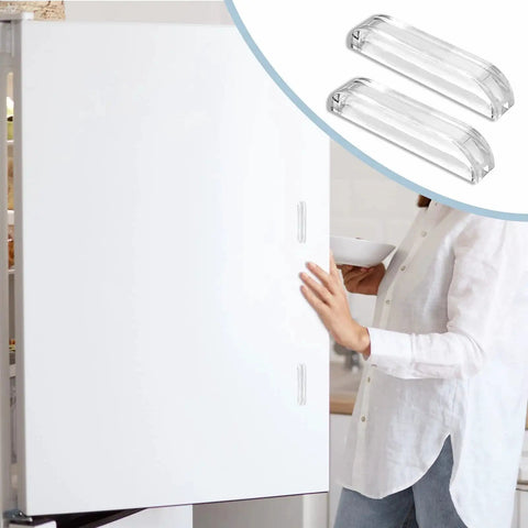 Two 2 inch mini acrylic pull handles installed on a white cabinet, showing easy grip design for cases and displays.