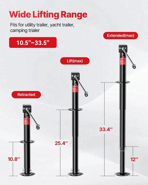 A Frame Trailer Jack 5000 LB Cordless Drill Compatible 23 Inch Lift For RVs in various height settings.