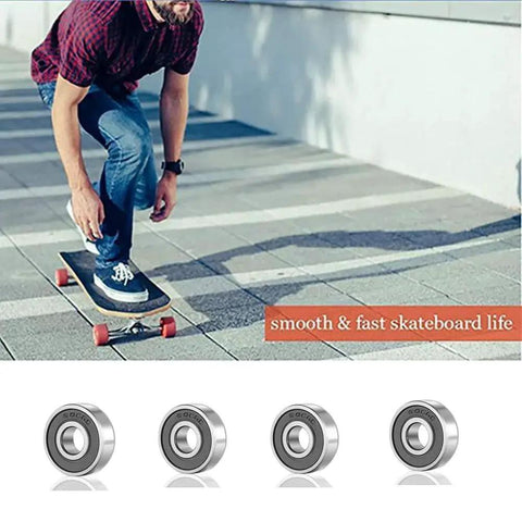 Person skateboarding with 10 Pack 608 2RS Ball Bearings Double Rubber Sealed for Skateboards Inline Skates and Scooters displayed below