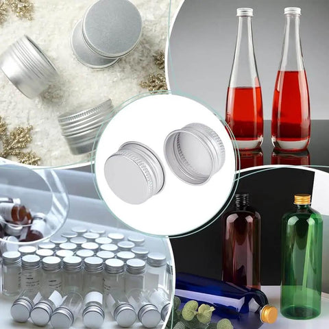 36 Pack Silver Aluminum Seal Screw Caps for Round Steel Tins with Plastisol PE Liner, bottles and jars display