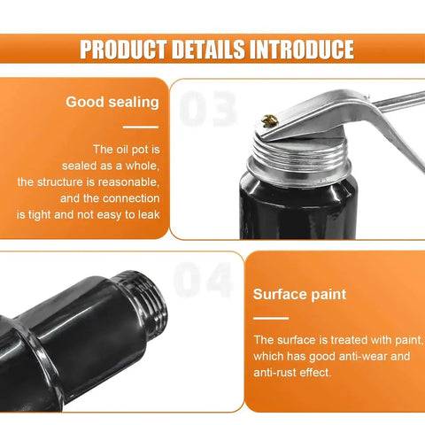 All Steel Pump Oiler Can With Handle 8 Oz 250 Ml Pistol Oil Spray Can With 6 Inch Metal Straight Spout highlighted details