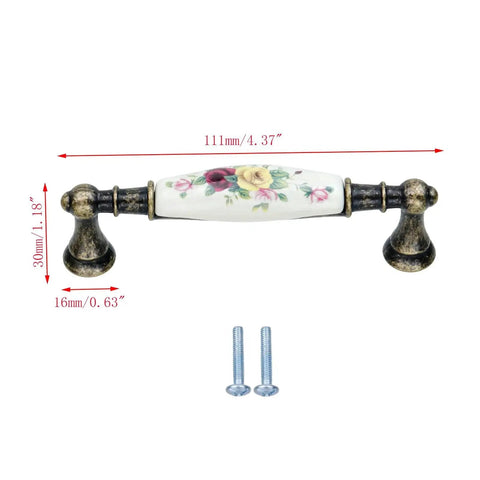 Front view of Six Pack Floral Ceramic Cabinet Pulls with screws, 3.78 inch center to center hole distance, antique flower dresser handle.