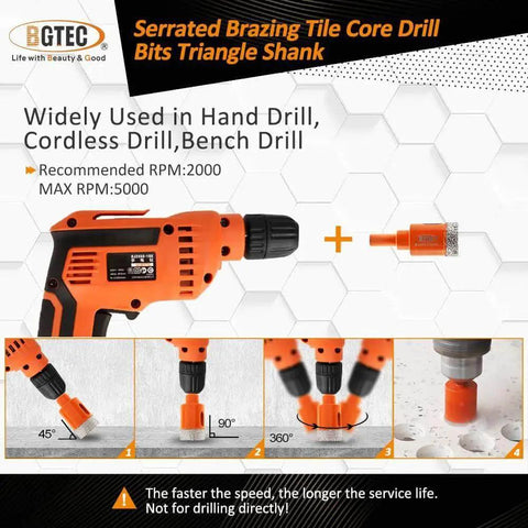 Dry Diamond Drill Bit Set For Granite Marble Tile Ceramic Porcelain And Masonry, showing use with hand drill, various angles.