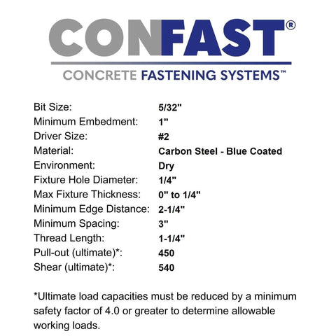 Blue 3/16 Inch By 1-1/4 Inch Flat Phillips Concrete Diamond Point Screw Anchor specifications chart.