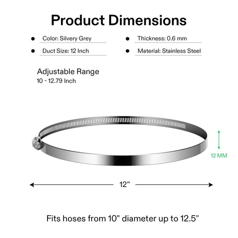 VIVOSUN stainless steel air ducting clamp, 12-inch adjustable worm-drive hose clamp.