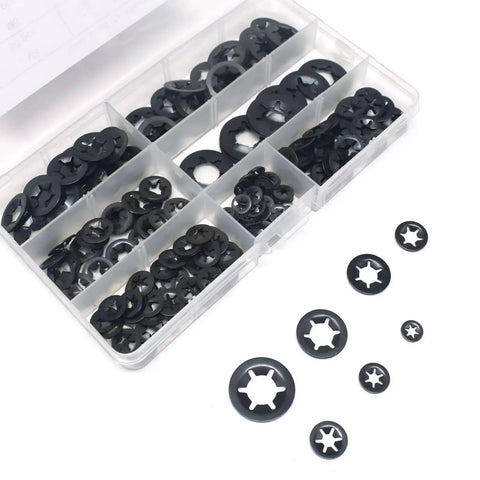 Amazon Renashed 340-piece internal-tooth star lock washers assortment kit in a plastic case; black oxide finish, M3–M12.