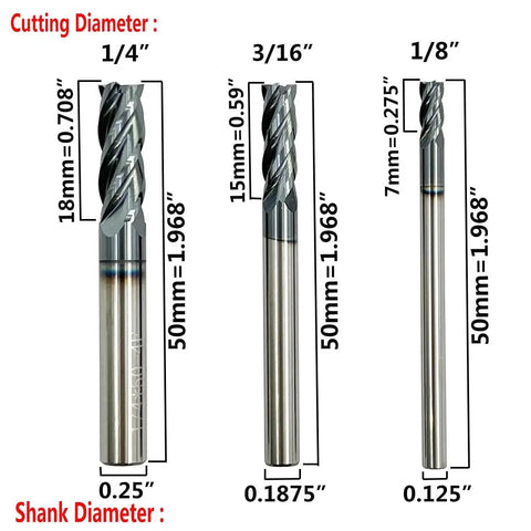 Six Piece Carbide Square End Mill Set Four Flute AlTiN Coated HRC 45 Tungsten Steel Milling Bits with size details