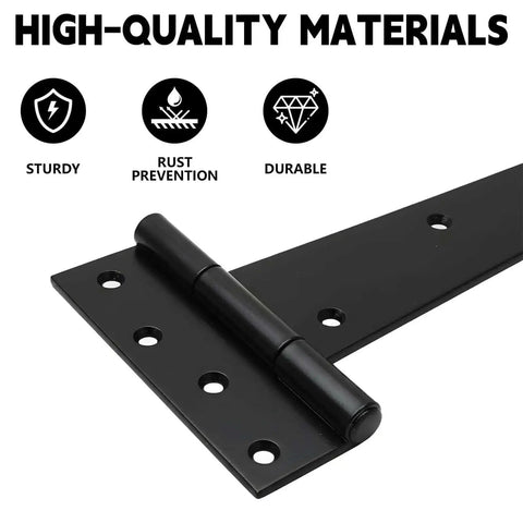 High-quality materials of Sturdy 4 Piece 14 Inch Heavy Duty T Hinges Set For Shed Doors Barn Doors And Fence Gates Rust Resistant Wrought Iron Hardware.