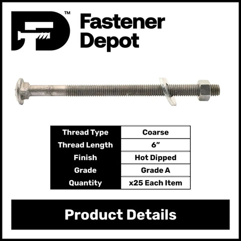 Five Eighth Inch Carriage Bolt Kit For Exterior Use, Hot Dipped Galvanized, Commercial Grade A307, bolt with nut and washer visible