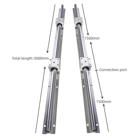 Four 1500mm SBR20 Linear Rails Kit With Eight SBR20UU Blocks For CNC Machines And 3D Printers Built Tough With Fully Supported Ball Bearing Guide Rails Includes Dowels And Hardware displayed.