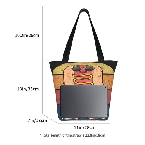 Front view of Large Capacity Lightweight Tote Bag for Women with colorful design, dimensions labeled, showing spacious interior.