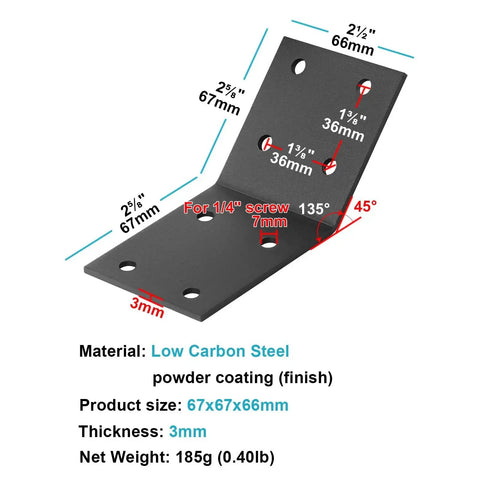 Diagram of Built Tough Flush Inside 45 Degree Corner Bracket Plate Set For Post And Beam, 10 Pack, detailed measurements and steel attributes.
