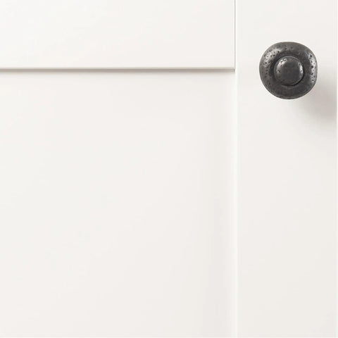 Solid Core Black Iron Cabinet Knobs For Kitchen And Dresser, One And One Quarter Inch Heavy Duty Metal Pulls For Doors And Drawers, Boss Level Refined Rustic Collection By Hickory Hardware, One Pack, installed on white cabinet