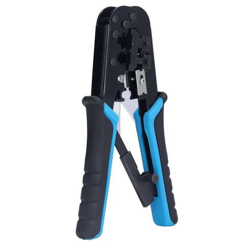 Ratcheting Crimping Tool Kit For Cat5 Ethernet With 8P And 6P Heads Easy Shear Blade Blue Black Finish Secure Cable Connections