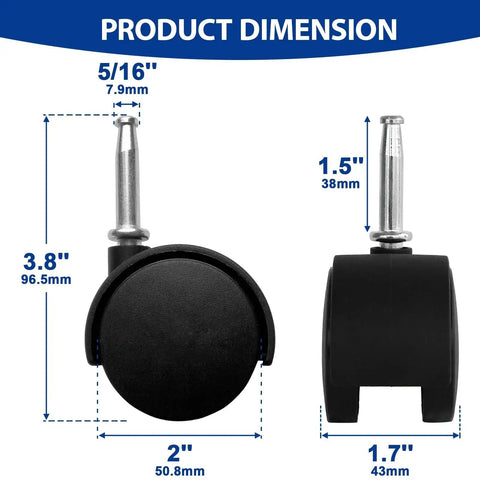 Product dimensions of Two Inch Stem Caster Wheels Set Of Five With Eight Millimeter Or Five Sixteenth Inch Stem Diameter, 60 Lbs Per Caster