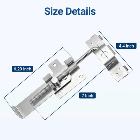 7 Inch Adjustable Barn Door Jamb Latch With Hook For Bi Parting Doors Heavy Duty Locking Latch with size details shown