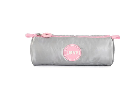Silver cylindrical pencil case with pink accents and 'LOVE' emblem on the side