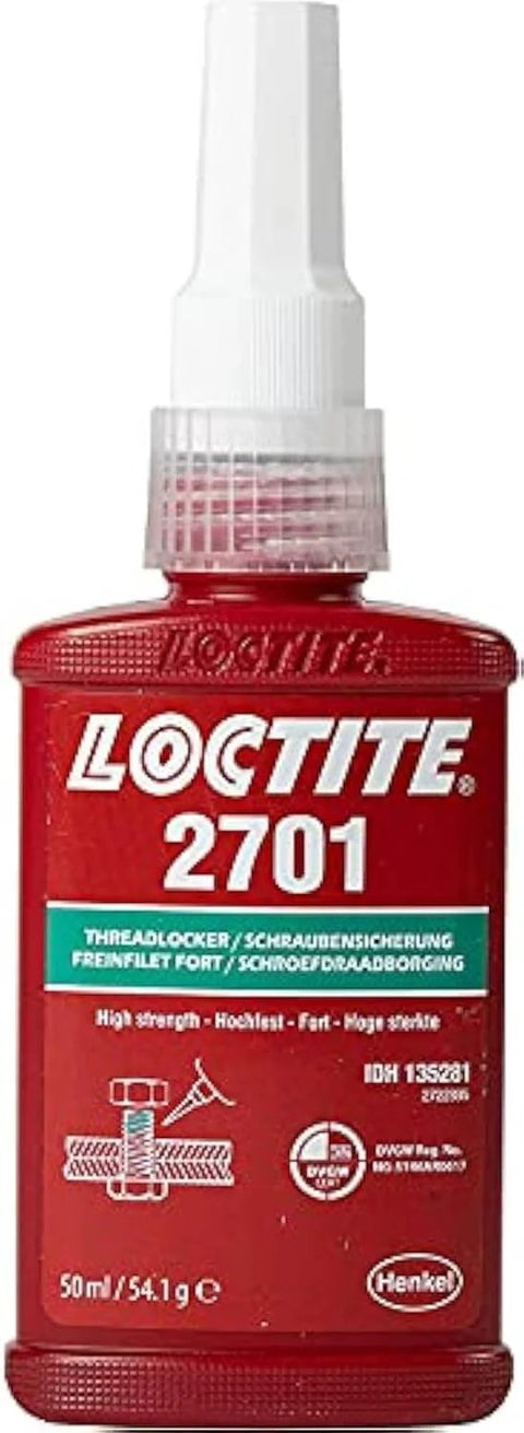 Front view of 2701 Maximum Strength Threadlocker Adhesive, Green Low Viscosity Sealant for Threads, 50 Ml bottle with cap.
