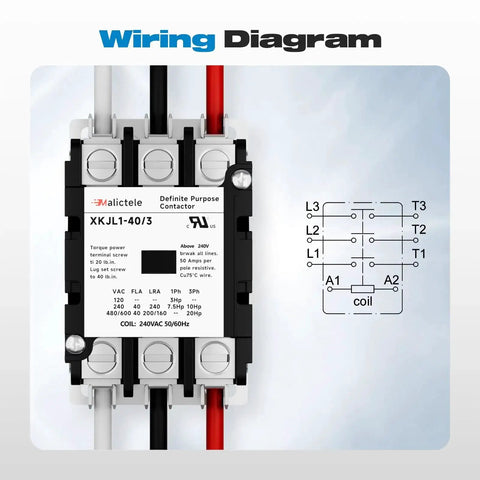 Wiring diagram for 3 Pole 40 Amp AC Contactor For Outdoor HVAC Units 240V Coil UL Listed 50 60Hz with terminal details.