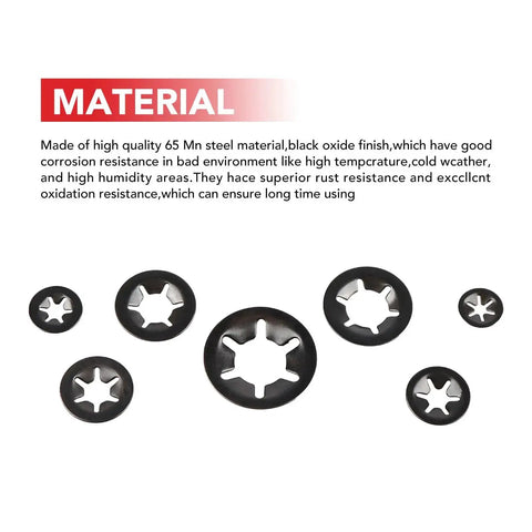 Grab N Go 350Pcs Internal Tooth Star Lock Washers And Push Nuts Kit In Black With M3 To M12 Sizes, 65Mn Steel Construction Displayed