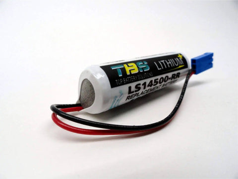 Close-up of Pack of 2 3.6V 2700mAh LS14500-RR Lithium PLC Memory Batteries with wire leads, shown replacing industrial controller cells.