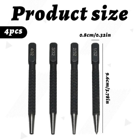 4 Piece Center Punch Set For Metal Marking And Hole Starting Points, Hardened Steel Tips in 1/32, 2/32, 3/32, 4/32 Inch Sizes