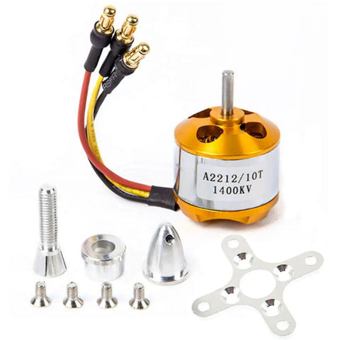 A2212 1400KV Brushless Outrunner Motor For RC Aircraft And Multicopters Beefy Torque And Serious Thrust For 4/6 Axis Quadcopters Includes 3.5mm Banana Connectors 2-3S LiPo Compatible 12A/60s Burst 10T Coil 1pc shown with accessories