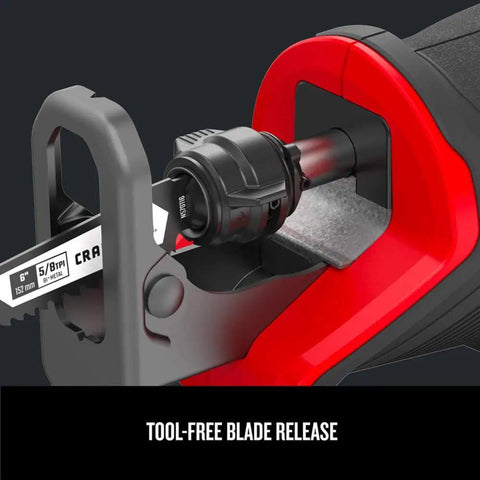 Close-up of V20 Cordless Reciprocating Saw Bare Tool With 1-Inch Stroke, 0-3,000 RPM Variable Speed Trigger, Tool-Free Blade Release.