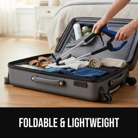 Ergonomic Rubber Lined Claw Reacher Tool For Seniors With No Slip Grip 360 Degree Rotating Head Foldable Trash Picker in suitcase