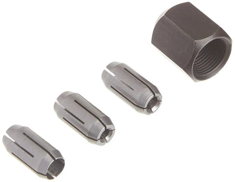 Replacement Collet And Nut Kit For Spiral Saws And Drywall Routers with three collets and one nut displayed on white background.