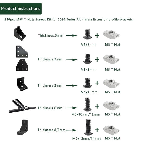 Product instructions showing M5 T Nut Screws Kit For 2020 2040 2080 Extrusion with screws and T-nuts in various sizes.