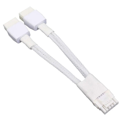 Angled front view of white braided 8-pin to 16-pin GPU power cable with welded terminals