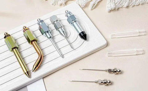 7 Piece Grease Gun Needle Tips Accessories Kit Set With Straight And Curved Nozzles Rubber Joint Detachable Injector Coupler Elbow Fittings 2 Heavy Duty Dispensers Great For Narrow Tight Small Confined Spaces displayed with needles and caps on light surface