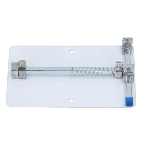 Heavy Duty Stainless Steel PCB Holder And Fixture Clamp for small circuit boards with adjustable clamps on a flat metal base.