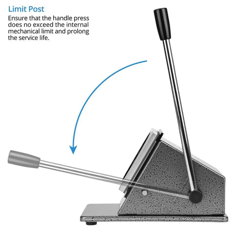 Side view of the 3 Inch Button Paper Cutter And Badge Die Cutter with handle and limit post for DIY stamps, shown on metal base.