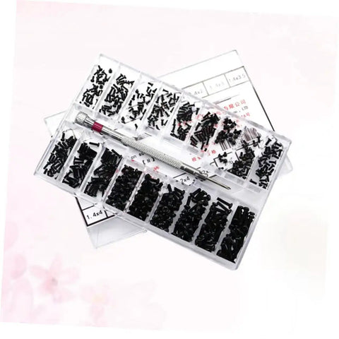 18 Piece Miniature Screw Set with flat countersunk head micro screws in a clear storage box, ideal for glasses, watches, and DIY projects.