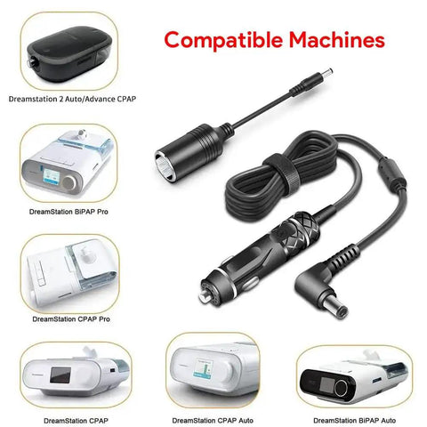 12V DC Power Cord Cable For DreamStation 2 Auto CPAP BiPAP Machines With Cigarette Lighter Car Plug Adapter displayed with compatible CPAP devices