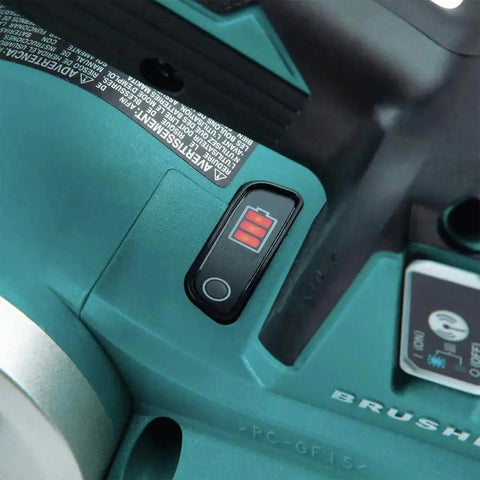 Close-up of Cordless 18V LXT Brushless 3-1/4 Inch Planer with AWS for Dust Extraction, showing battery charge indicator.