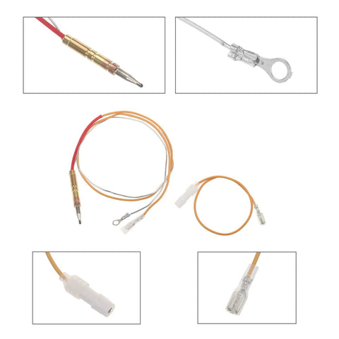 Thermocouple tip with red lead for propane heater, brass tip
Thermocouple ring terminal end for safety assembly, metal lug
Timsec 2-pack propane heater thermocouple safety kit with orange leads and white connectors
White inline thermocouple connector for wiring, plastic housing
Clear two-pin thermocouple connector, crimp style
Timsec orange thermocouple lead with white connector, looped view