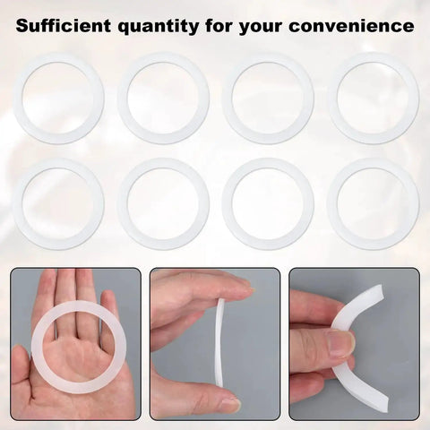 Eight White Silicone Moka Pot Gasket Seal Rings Set For Dama, Venus, Musa, Kitty 6 Cup Models, 7.1 Cm Diameter, Replacement Parts, Easy Install