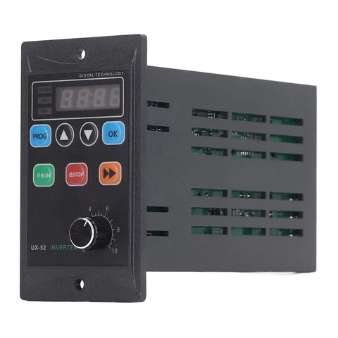 Front view of 90W VFD Inverter for AC motors 176 to 264V, 7A single to three phase, with LED display, black PC shell.