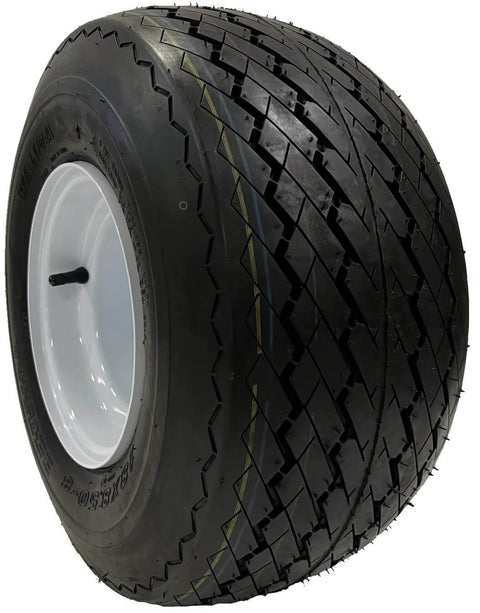 Four Pack 8 Inch White Golf Cart Wheels And 18X8.5-8 4 Ply Sawtooth Tires Set Fits Club Car Ez-Go Yamaha With 4 Lug On 4 Inch Bolt Pattern Ready To Install DOT Approved And Includes A 2 Year Warranty side view