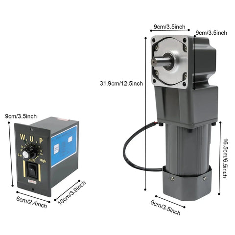 Beefy 110V 120W Electric Gear Motor With Speed Controller 30K Single-Phase High Torque Gear Reducer 45 RPM Right Angle Output 20 Nm Torque Adjustable Governor displayed with dimensions