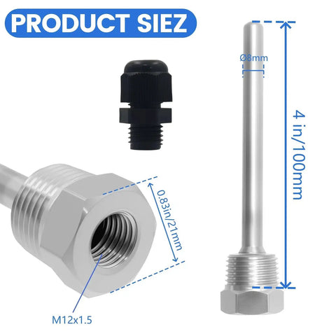 Two Pack 1/2NPT Weldless Thermowell Temperature Sensor in Stainless Steel With Nylon Cable Gland For Homebrew Beer Fermenters, 100mm Rod Length, Corrosion Resistant, Durable Temperature Probe Well, including dimensions and nylon cable gland shown.