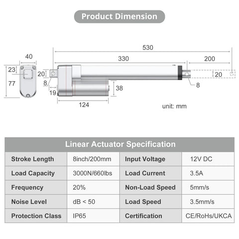 Heavy Duty 12V Linear Actuator 660LBS 3000N, 8 Inch Stroke Silent IP65 With Brackets diagram showing dimensions and specifications
